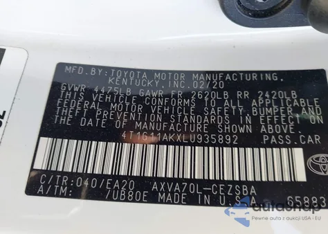 2020 Toyota Camry Se z USA, uszkodzony, nr VIN 4T1G11AKXLU935892